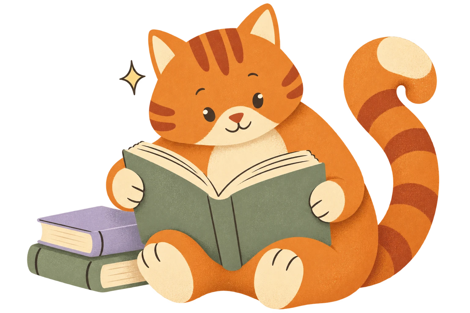 Kit, a ginger tabby, happily reading a book beside a stack of books.